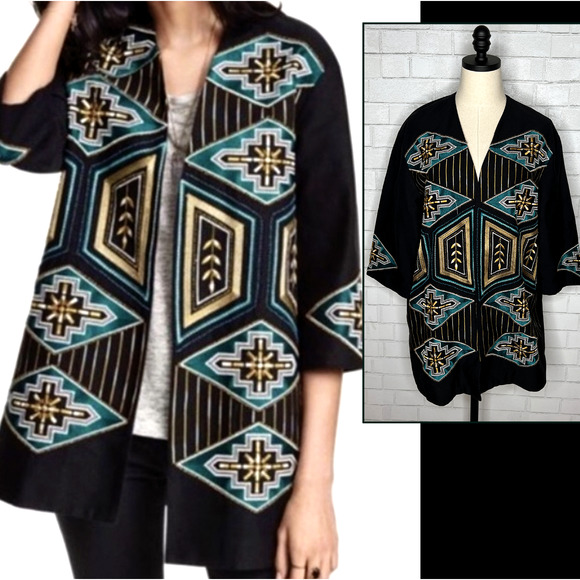 H&M Jackets & Blazers - NEW! H&M Tribal Aztec Jacket Sz12 Beaded EMBROIDERED Blazer BOHO TUNIC Black